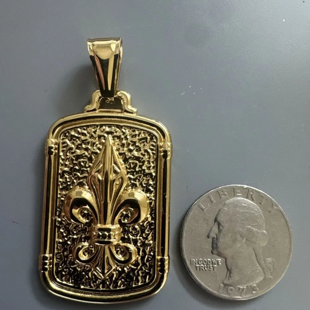Fleur-De-Lis Gold Plated Pendant 24” Necklace Stainless Steel Dog Tag Gift